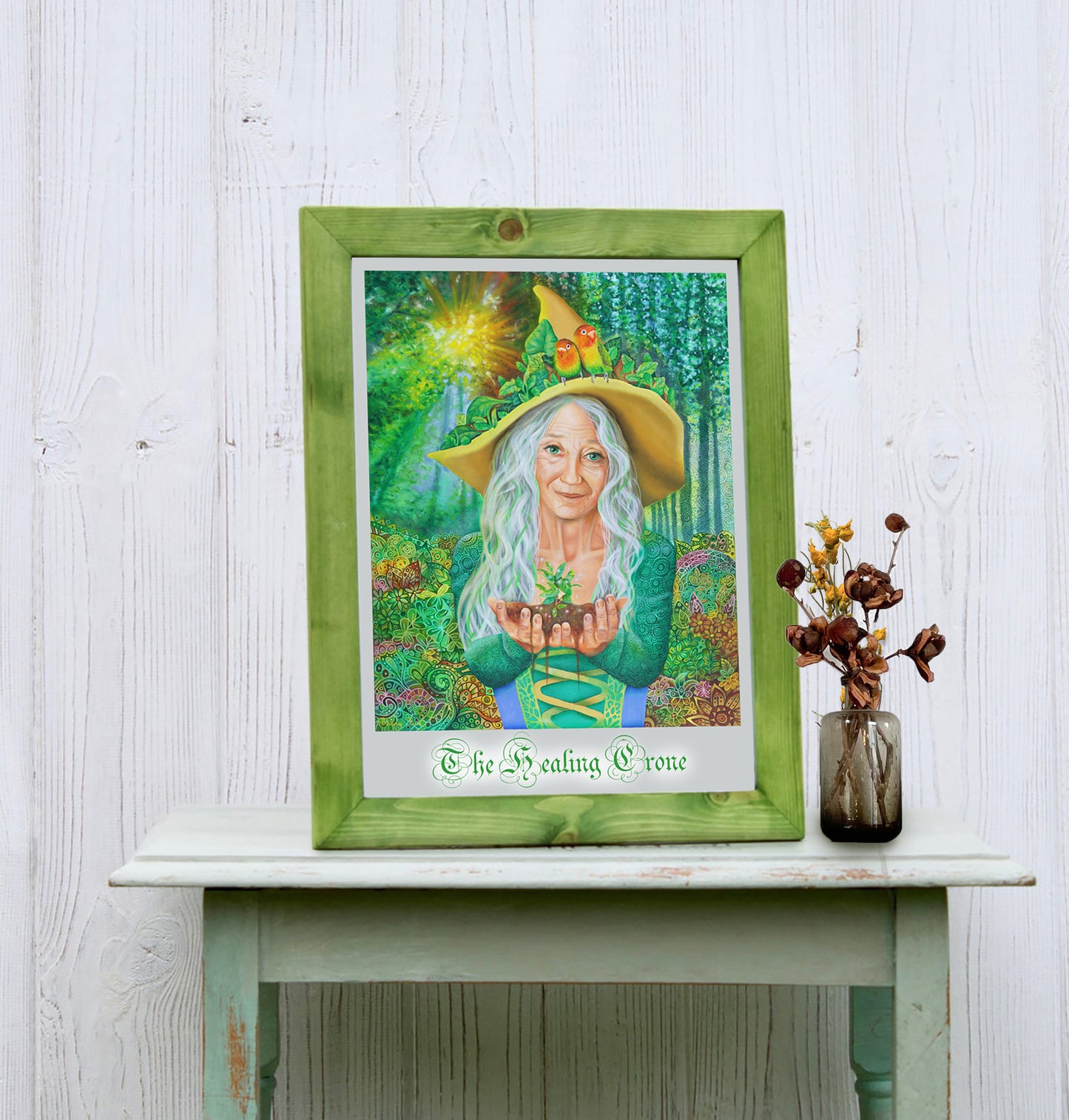 The Healing Crone - Hedge Green Nature Witch wall art print, Wiccan-pagan artwork from portrait oil painting, Witchy gifts, arty metaphysical store crafts, A3 size print