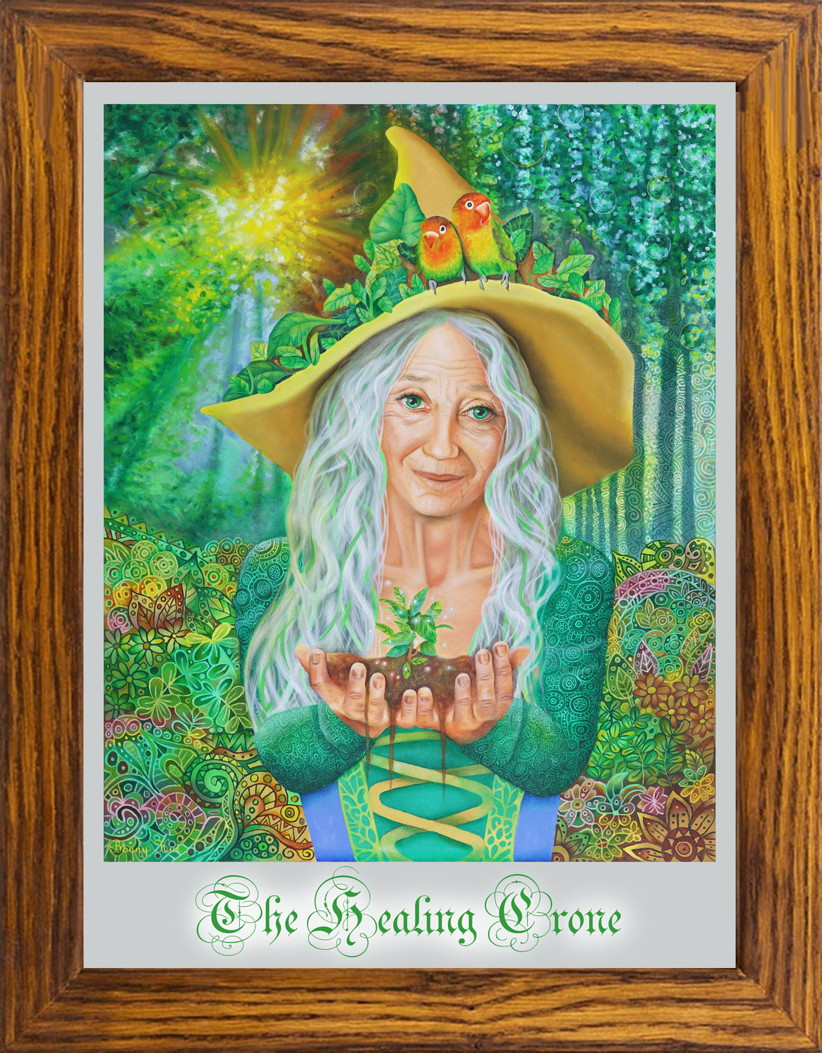 The Healing Crone - Hedge Green Nature Witch wall art print, Wiccan-pagan artwork from portrait oil painting, Witchy gifts, arty metaphysical store crafts, framed in wooden frame
