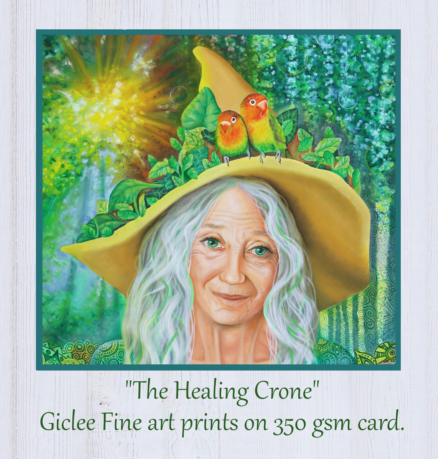 The Healing Crone - Hedge Green Nature Witch wall art print, Wiccan-pagan artwork from portrait oil painting, Witchy gifts, arty metaphysical store crafts, Portrait detail