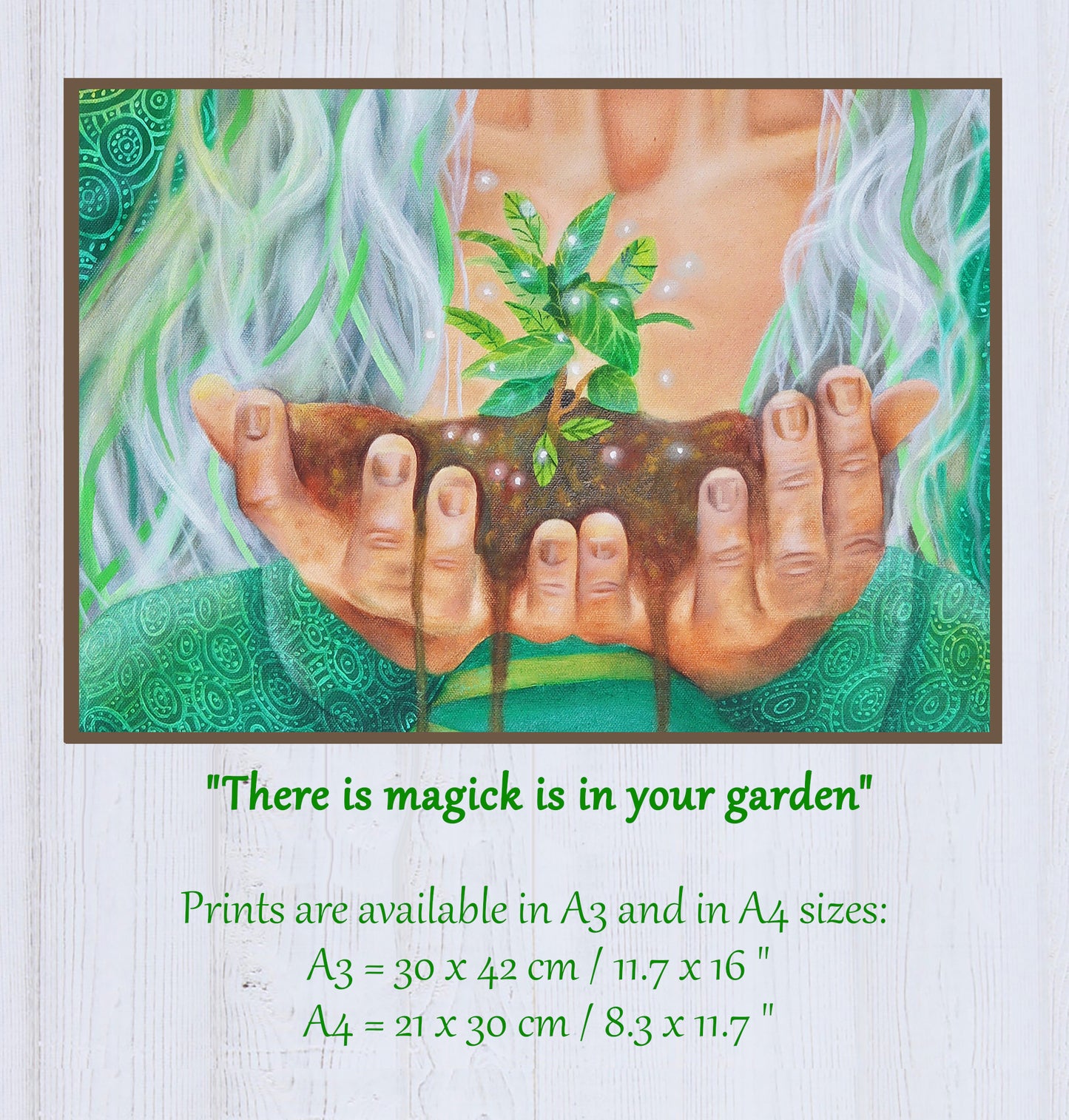 The Healing Crone - Hedge Green Nature Witch wall art print, Wiccan-pagan artwork from portrait oil painting, Witchy gifts, arty metaphysical store crafts, witch holding seedling