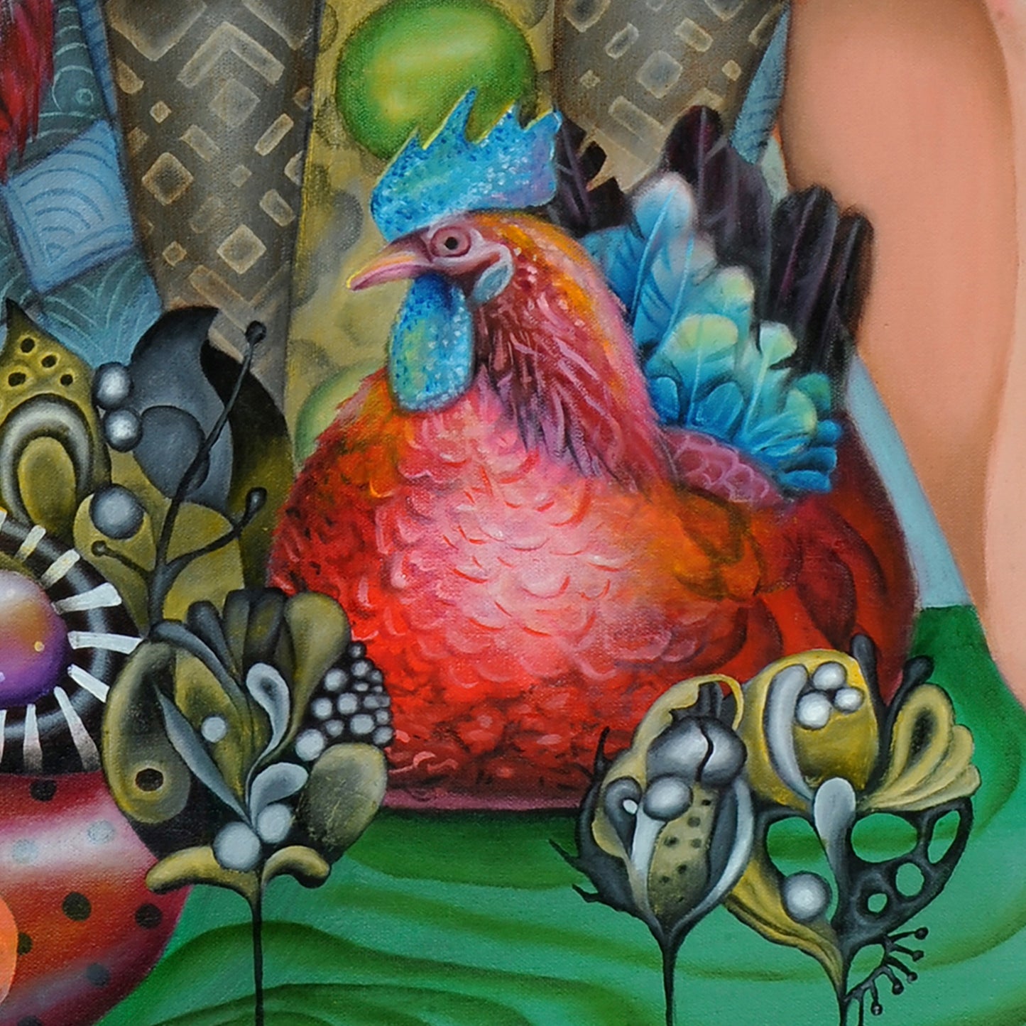 The Tea Leaf Reader - Psychic Fortune teller divination wall art print. Witchy gifts from our metaphysical store. Esoteric print reproduced from a hand-painted oil painting in a wimsical pop-surrealism style. Chicken detail of the painting.