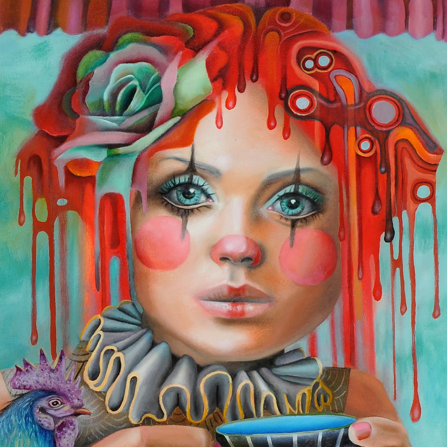 The Tea Leaf Reader - Psychic Fortune teller divination wall art print. Witchy gifts from our metaphysical store. Esoteric print reproduced from a hand-painted oil painting in a wimsical pop-surrealism style. Portrait detail of the painting.