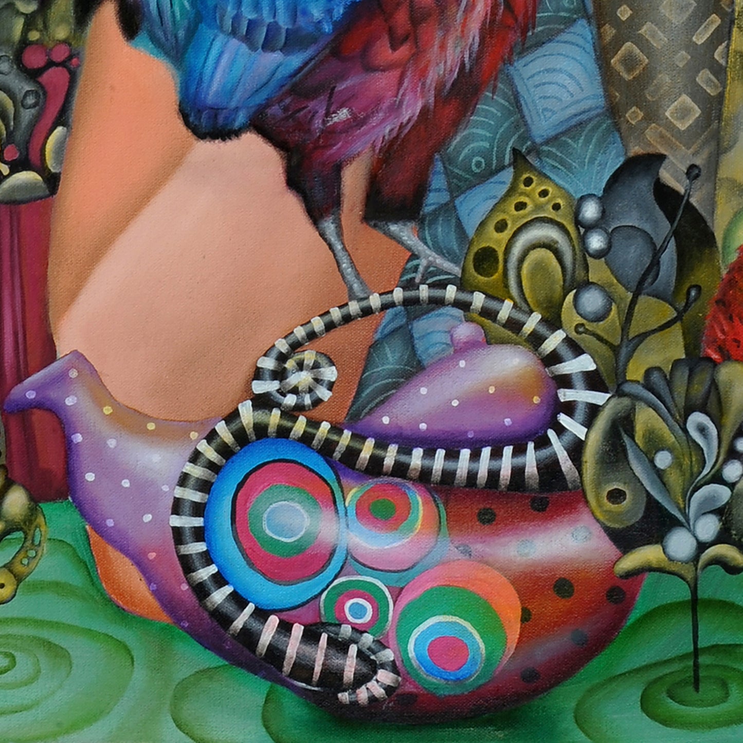 The Tea Leaf Reader - Psychic Fortune teller divination wall art print. Witchy gifts from our metaphysical store. Esoteric print reproduced from a hand-painted oil painting in a wimsical pop-surrealism style. Teapot detail of the painting.