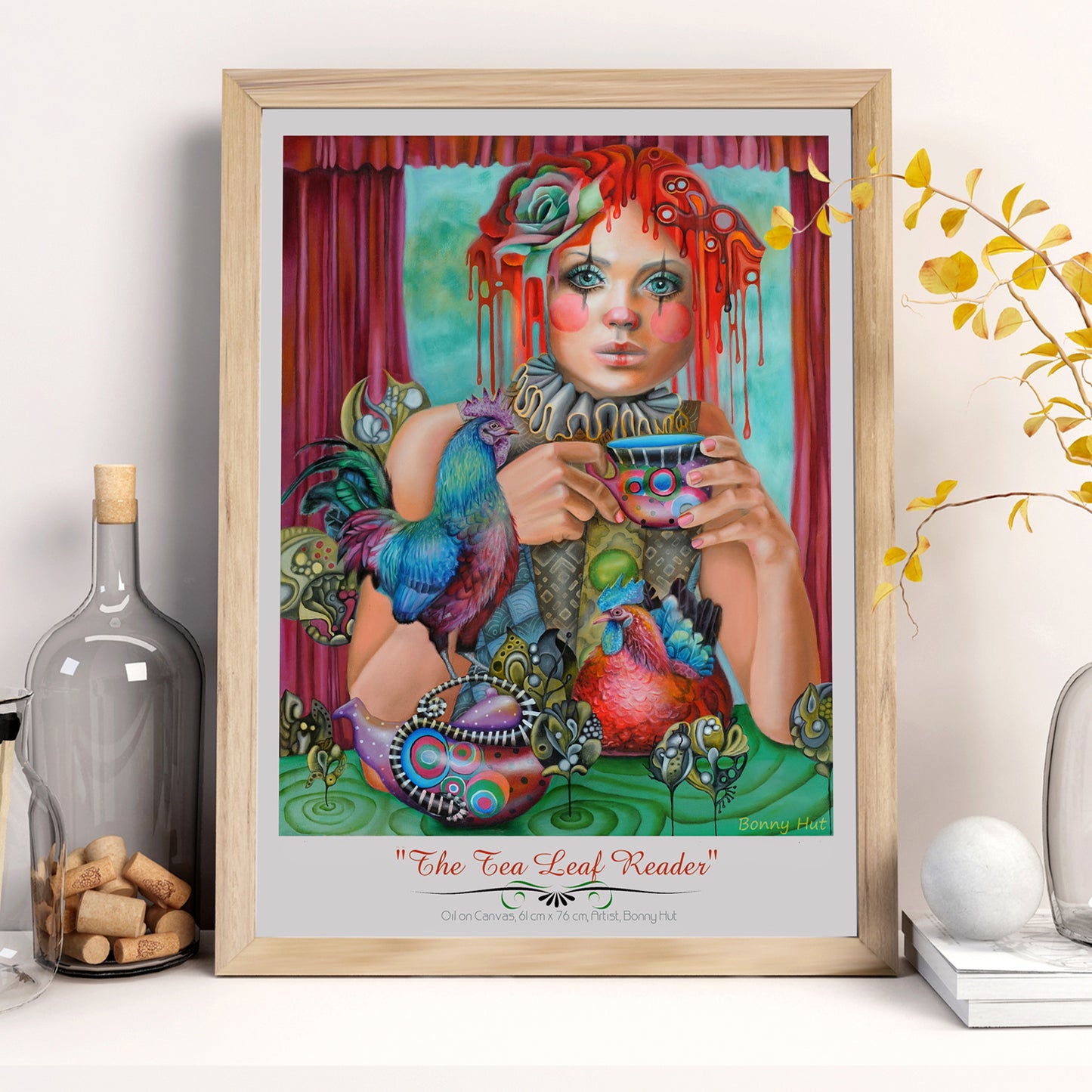 The Tea Leaf Reader - Psychic Fortune teller divination wall art print. Witchy gifts from our metaphysical store. Esoteric print reproduced from a hand-painted oil painting in a wimsical pop-surrealism style.