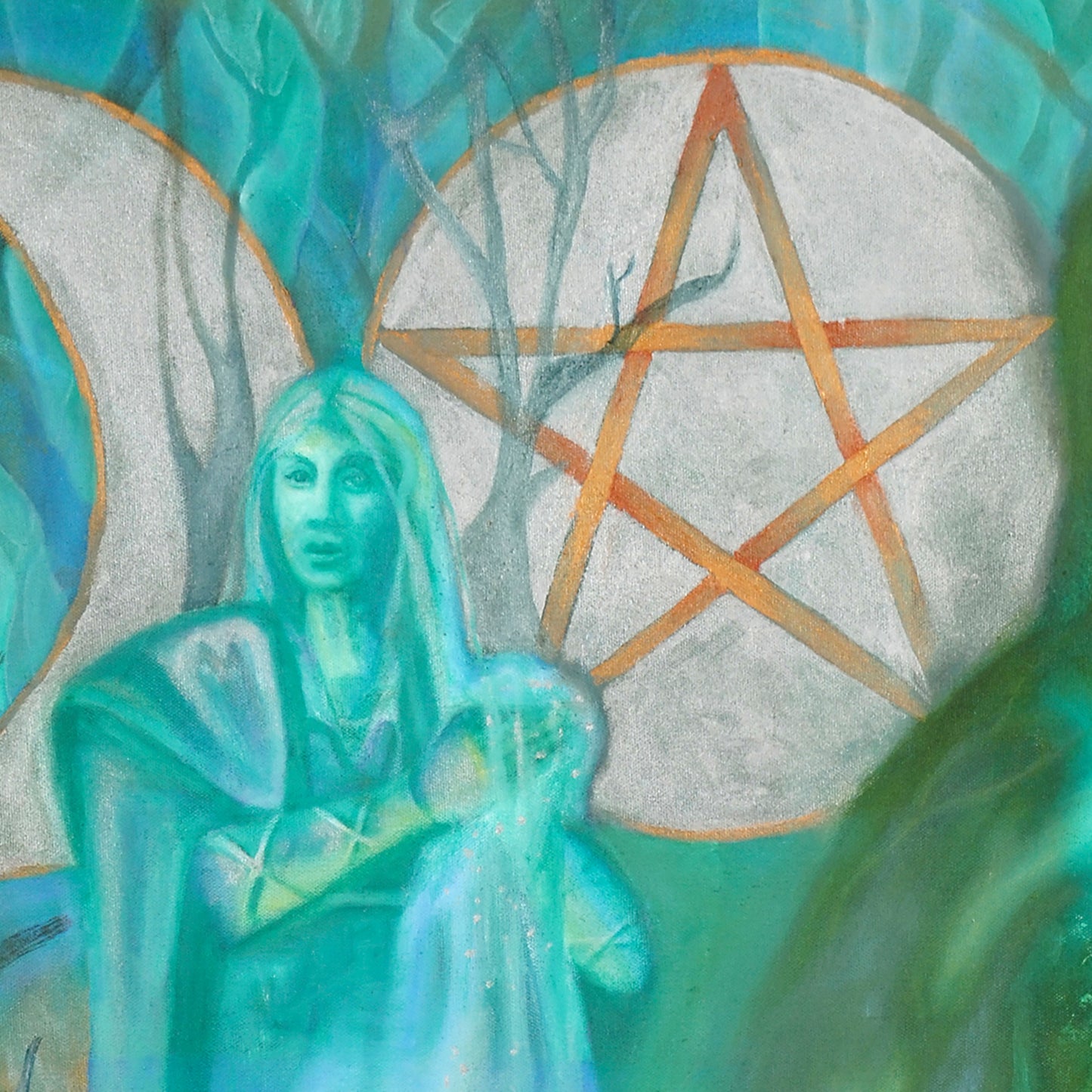 The Triple Goddess art wall print in shades of green. Wiccan-Pagan Mythology Maiden Mother and Crone. from portrait oil painting, arty Witchy gifts from our metaphysical store. Portrait detail of the Crone.