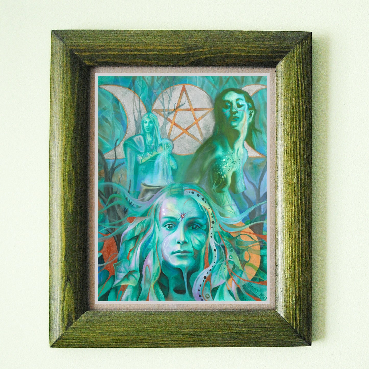The Triple Goddess framed art wall print in shades of green. Wiccan-Pagan Mythology Maiden Mother and Crone. from portrait oil painting, arty Witchy gifts from our metaphysical store.