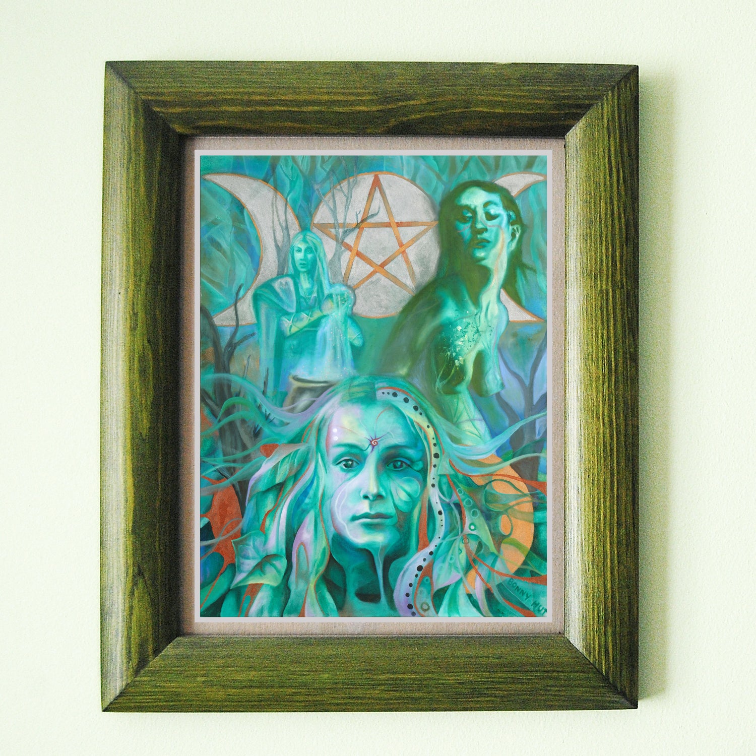 The Triple Goddess framed art wall print in shades of green. Wiccan-Pagan Mythology Maiden Mother and Crone.   from portrait oil painting, arty Witchy gifts from our metaphysical store.