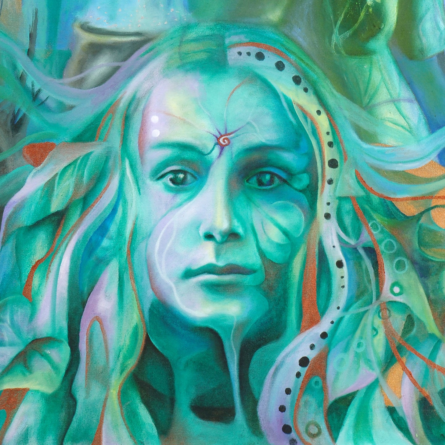 The Triple Goddess art wall print in shades of green. Wiccan-Pagan Mythology Maiden Mother and Crone. from portrait oil painting, arty Witchy gifts from our metaphysical store. Portrait detail of the Maiden.