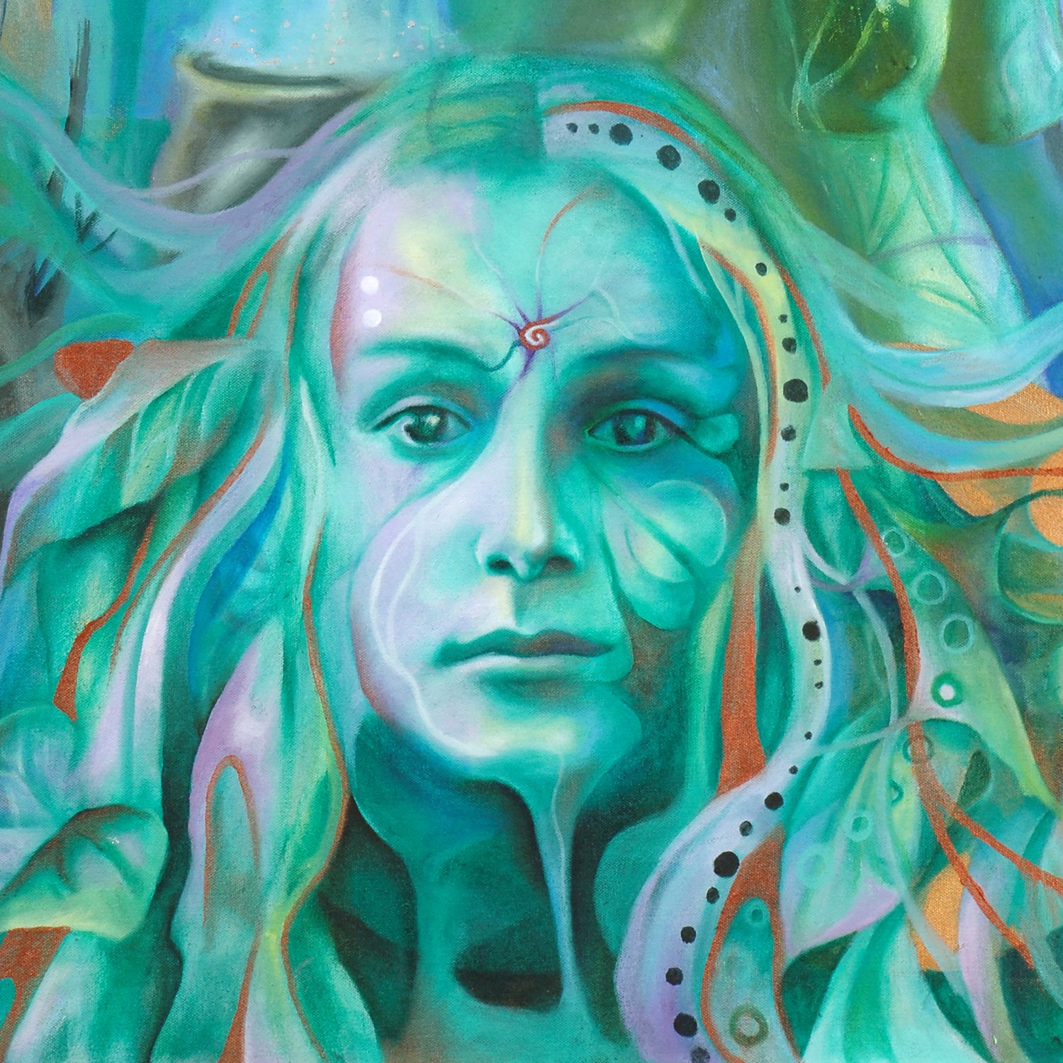 The Triple Goddess art wall print in shades of green. Wiccan-Pagan Mythology Maiden Mother and Crone.   from portrait oil painting, arty Witchy gifts from our metaphysical store. Portrait detail of the Maiden.
