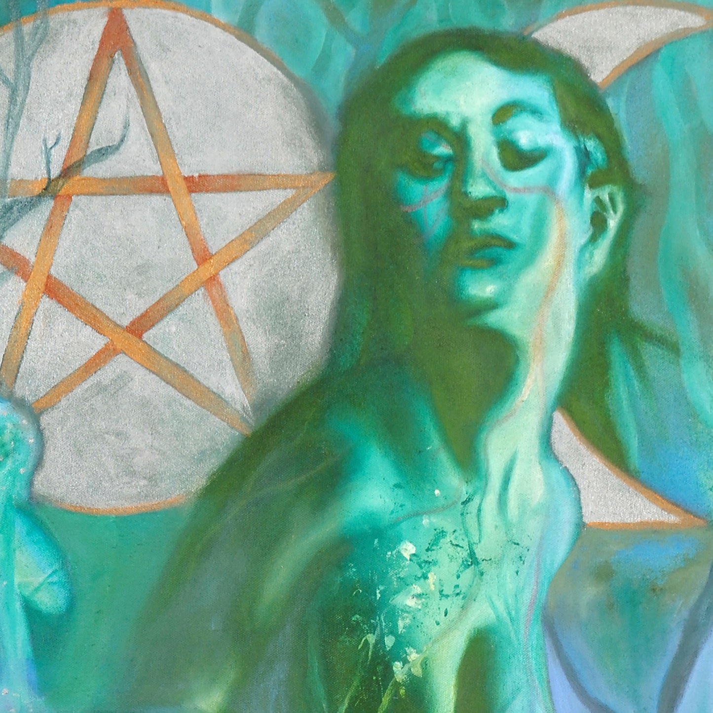 The Triple Goddess art wall print in shades of green. Wiccan-Pagan Mythology Maiden Mother and Crone. from portrait oil painting, arty Witchy gifts from our metaphysical store. Portrait detail of the Mother.
