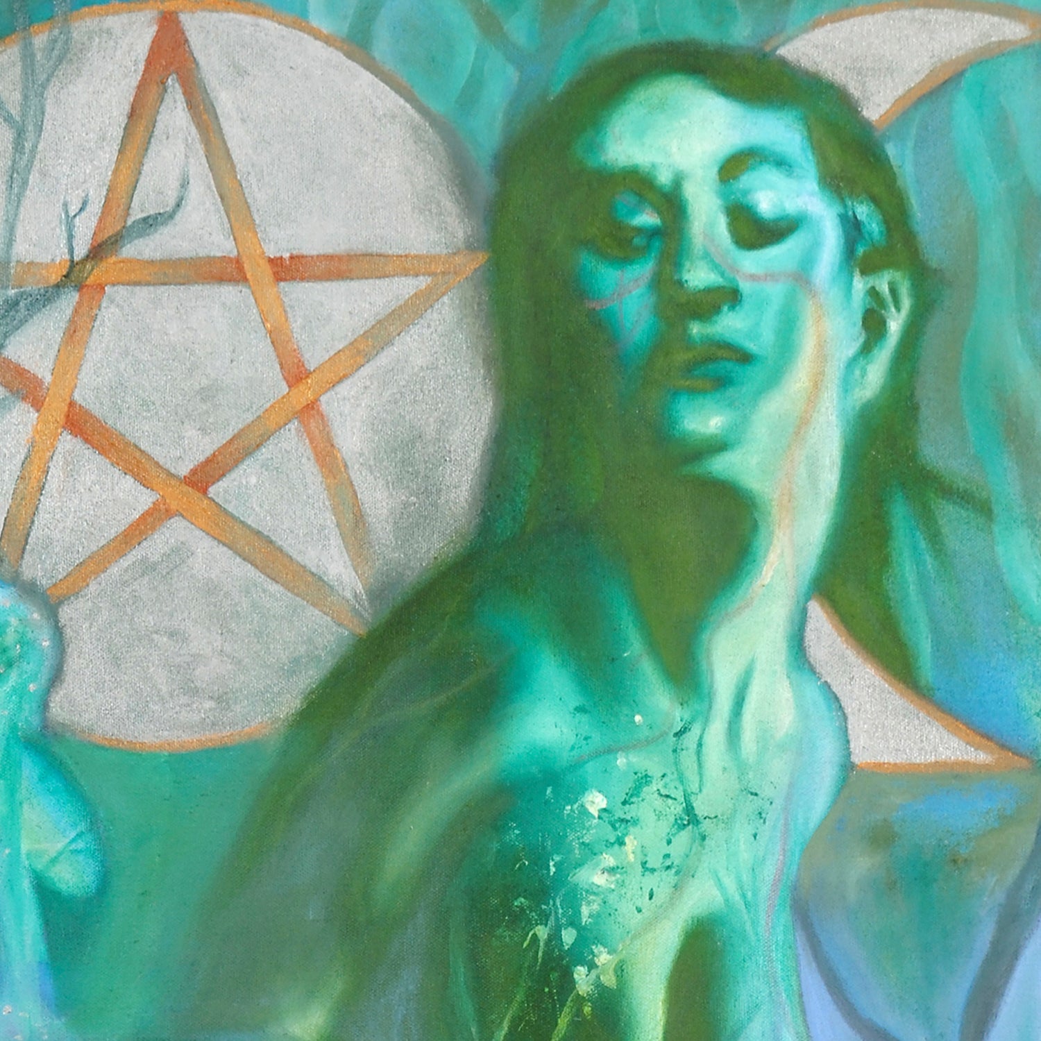 The Triple Goddess art wall print in shades of green. Wiccan-Pagan Mythology Maiden Mother and Crone.   from portrait oil painting, arty Witchy gifts from our metaphysical store. Portrait detail of the Mother.