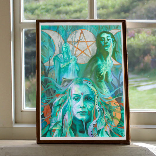 The Triple Goddess art wall print in shades of green. Wiccan-Pagan Mythology Maiden Mother and Crone.   from portrait oil painting, arty Witchy gifts from our metaphysical store.