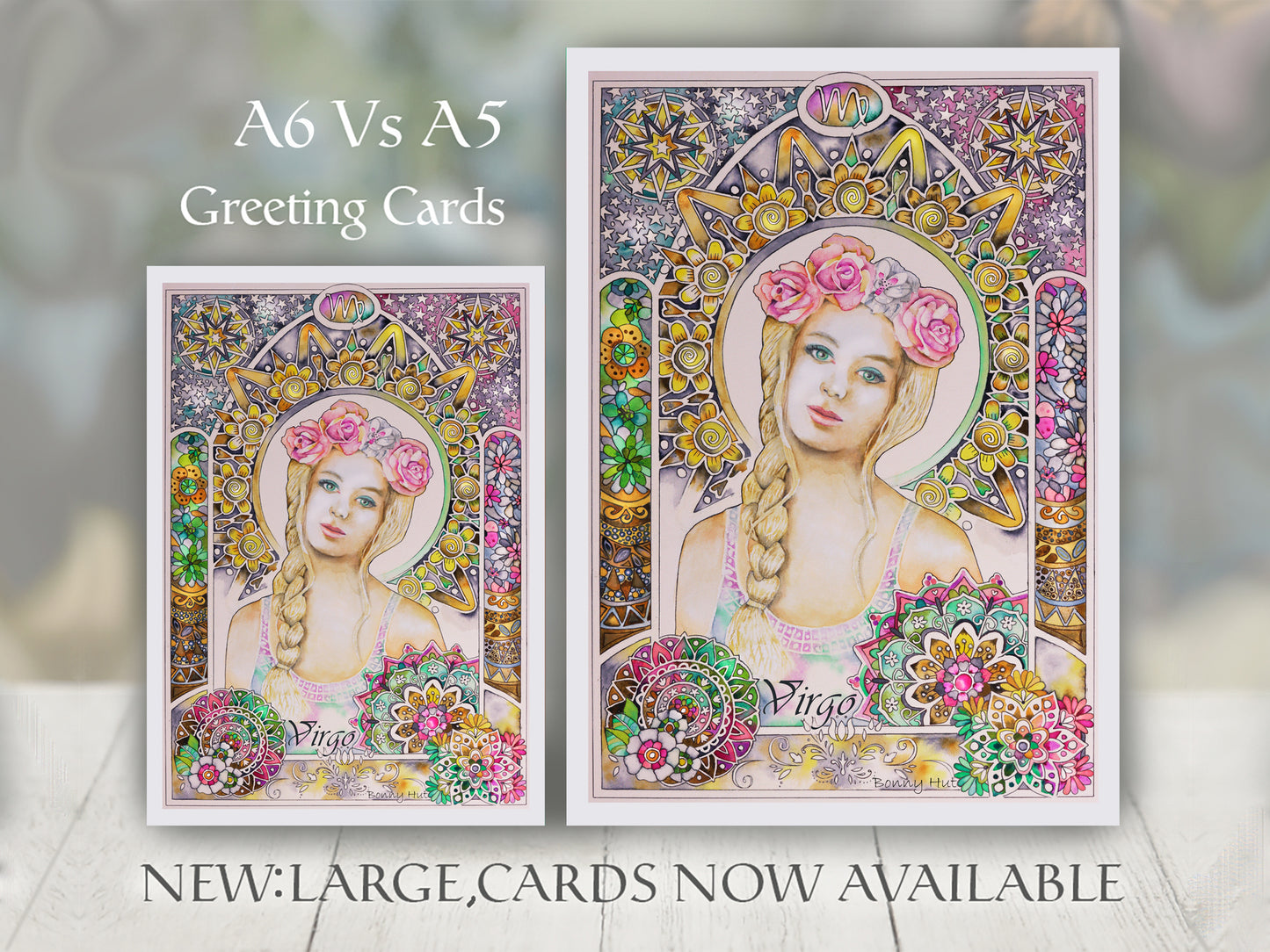 Virgo Star sign Birthday Card. Zodiac Celestial Art Nouveau watercolor art folded cards. In large A5 or smaller A6 sizes.