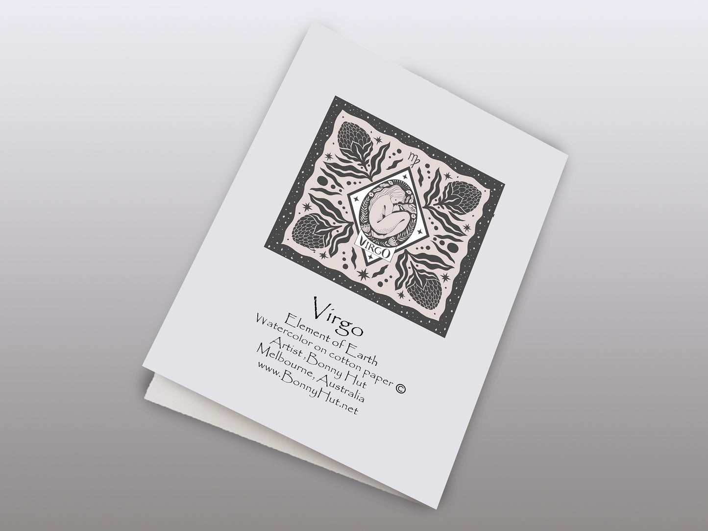 Virgo Star sign Birthday Card. Zodiac Celestial Art Nouveau watercolor art folded cards. Back of the card.