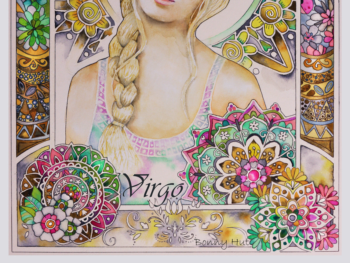 Virgo Star sign Birthday Card. Zodiac Celestial Art Nouveau watercolor art folded cards. Flowers detail.