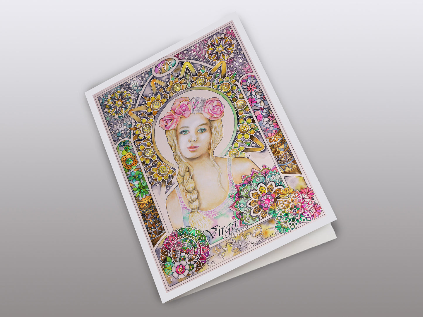 Virgo Star sign Birthday Card. Zodiac Celestial Art Nouveau watercolor art folded cards. Front of the card with a focus on the element of earth.