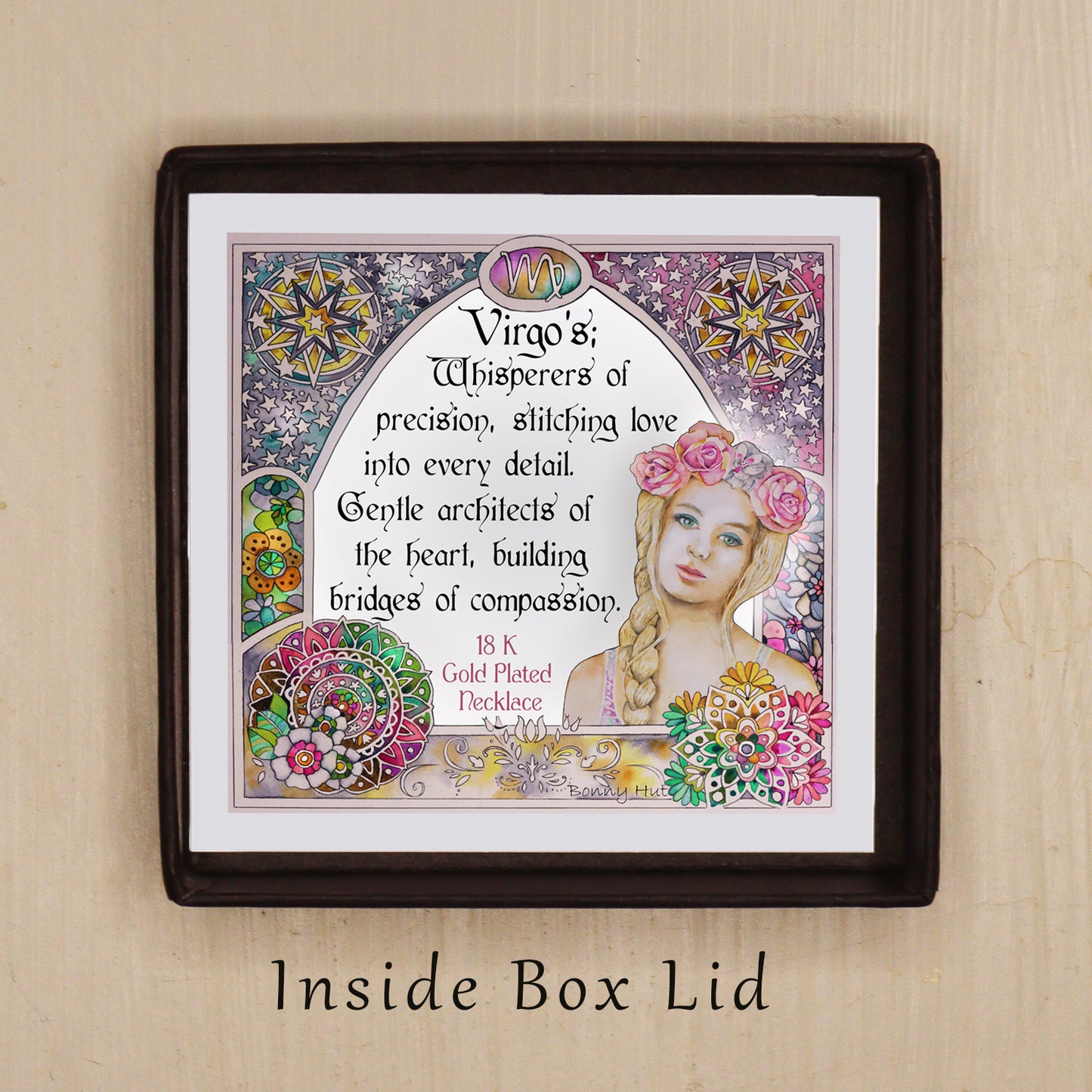 Virgo birthday gift necklace-pendant, Zodiac star-sign jewellery. Spiritual Esoteric gifts for her. Great for horoscope astrology lovers. Inspiring phrase quote set in a beautiful art nouveau watercolor border frame.