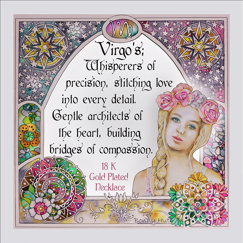 Virgo birthday gift necklace-pendant, Zodiac star-sign jewellery. Spiritual Esoteric gifts for her. Great for horoscope astrology lovers. Inspiring Taurian phrase quote set in a beautiful art nouveau watercolor border frame.