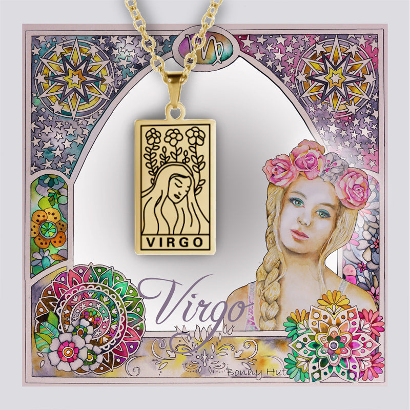 Virgo birthday gift necklace-pendant, Zodiac star-sign jewellery. Spiritual Esoteric gifts for her. Great for horoscope astrology lovers. Set in a beautiful art nouveau watercolor border frame.