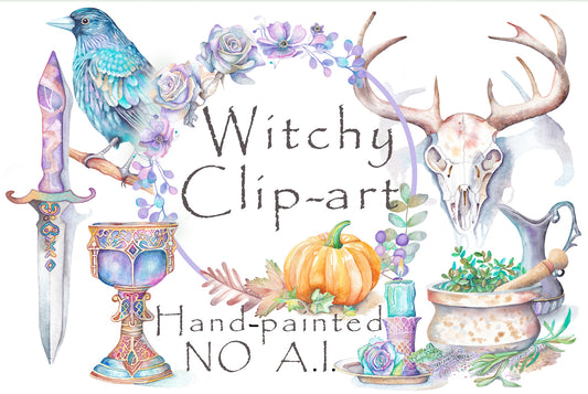 Wiccan pagan clipart instant download from hand-painted watercolor paintings. Great for journals pagan products, book of shadows and creating your own withch gifts.