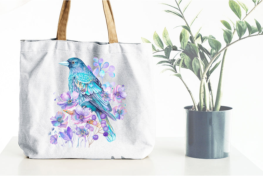 Print on demand tote bag with crow and purple flowers.
Wiccan pagan clipart instant download from hand-painted watercolor paintings. Great for journals pagan products, book of shadows and creating your own withch gifts.