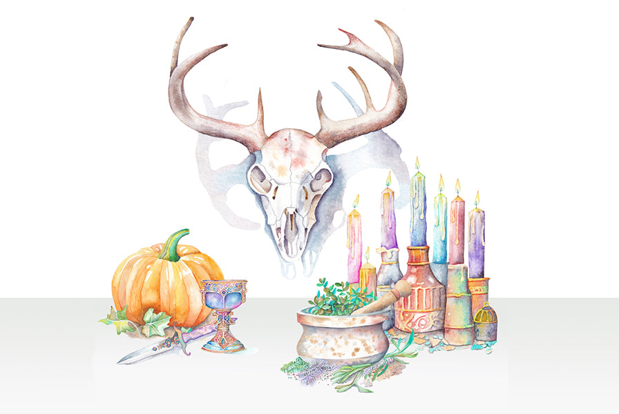 The witches altar with skull Wiccan pagan clipart instant download from hand-painted watercolor paintings. Great for journals pagan products, book of shadows and creating your own withch gifts.