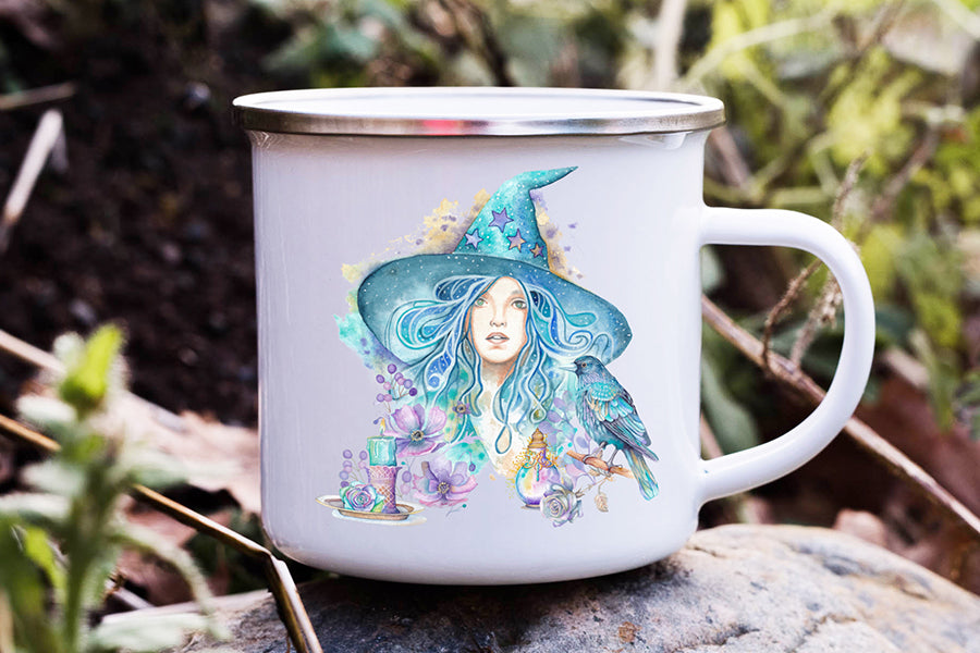 Witch portrait on a mug. Wiccan pagan clipart instant download from hand-painted watercolor paintings. Great for journals pagan products, book of shadows and creating your own withch gifts.