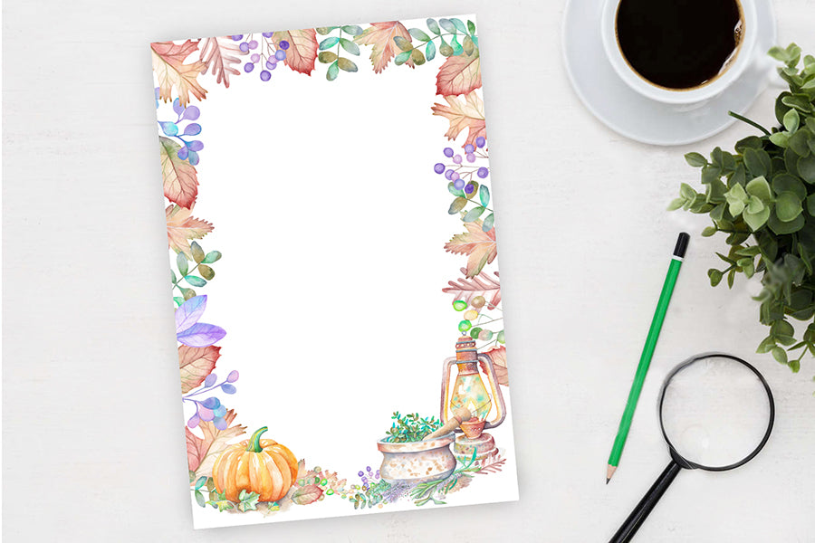Autumn leaves page border with pumpkin and mortar and pestle with oil lamp. Wiccan pagan clipart instant download from hand-painted watercolor paintings. Great for journals pagan products, book of shadows and creating your own withch gifts.