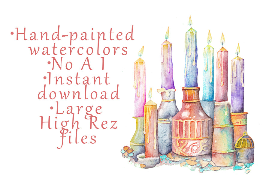 Group of candles. Wiccan pagan clipart instant download from hand-painted watercolor paintings. Great for journals pagan products, book of shadows and creating your own withch gifts.