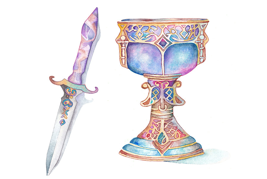 Athame with chalice. Wiccan pagan clipart instant download from hand-painted watercolor paintings. Great for journals pagan products, book of shadows and creating your own withch gifts.