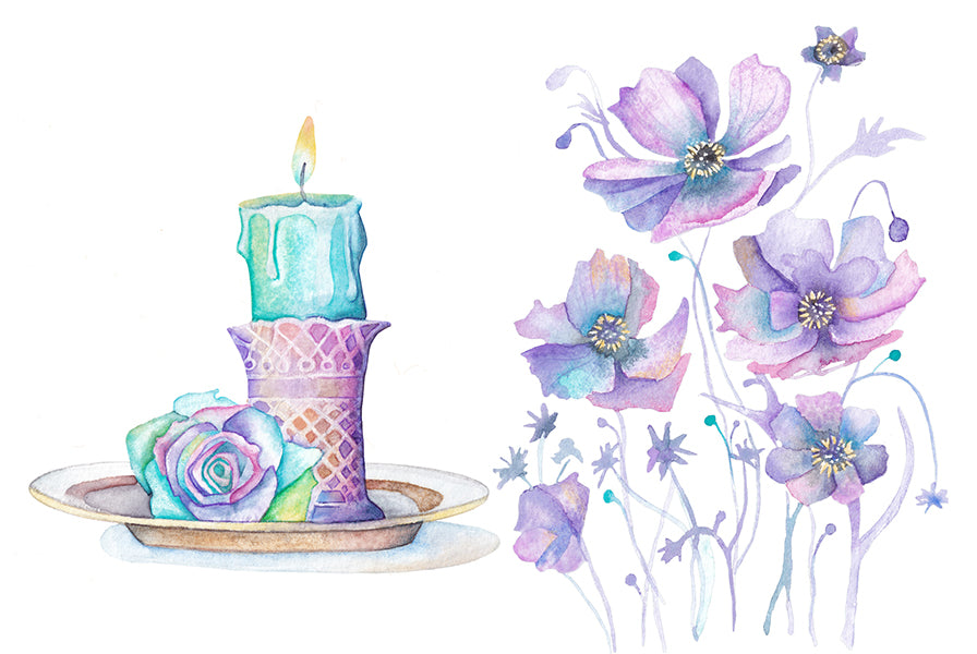 Candle with purple flowers. Wiccan pagan clipart instant download from hand-painted watercolor paintings. Great for journals pagan products, book of shadows and creating your own withch gifts.
