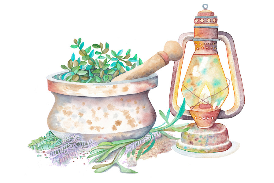 Mortar and pestle with oil lamp art. Wiccan pagan clipart instant download from hand-painted watercolor paintings. Great for journals pagan products, book of shadows and creating your own withch gifts.