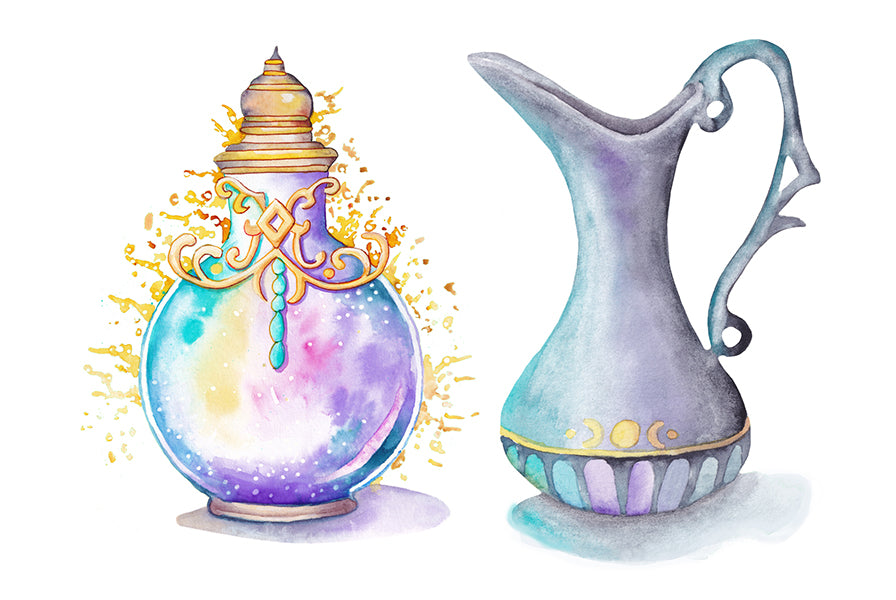 Perfume bottle with waterjug. Wiccan pagan clipart instant download from hand-painted watercolor paintings. Great for journals pagan products, book of shadows and creating your own withch gifts.
