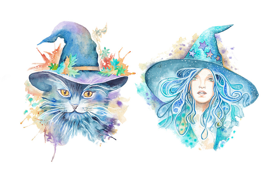 Cute cat and witch portrait. Wiccan pagan clipart instant download from hand-painted watercolor paintings. Great for journals pagan products, book of shadows and creating your own withch gifts.