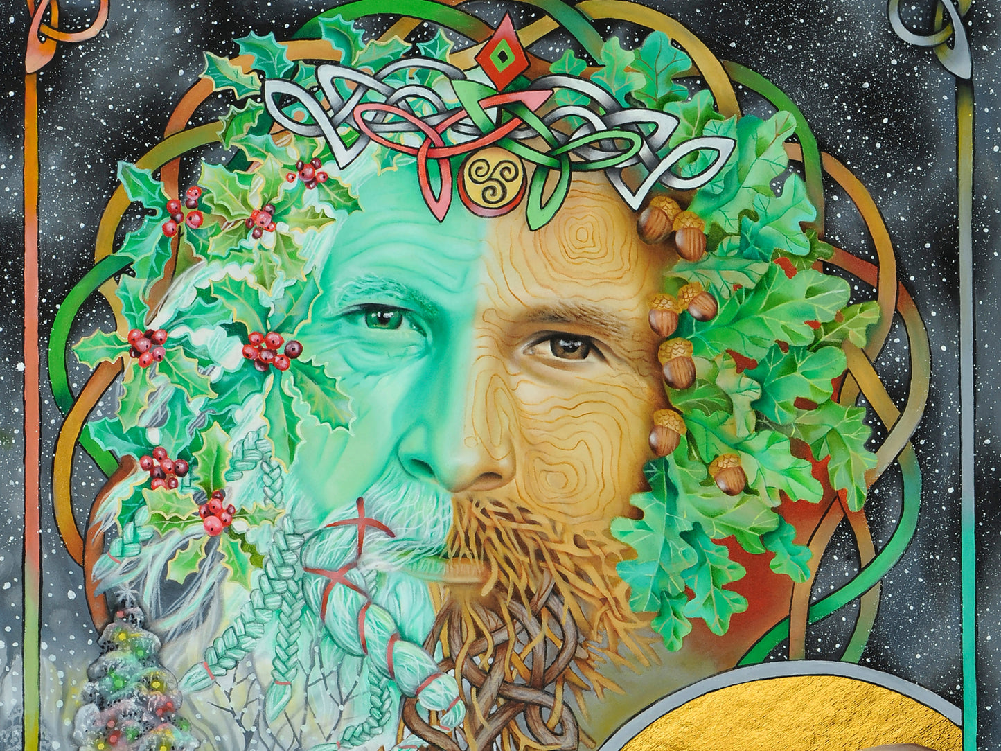 Yule - Winter Solstice oil painting detail of the greenman,holly king, oak king- Wiccan Wheel of the Year - 8 Pagan Sabbats