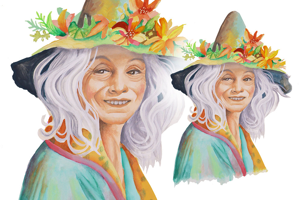 Watercolor-style portrait artwork showing a smiling witch crone with long white hair wearing a witches hat decorated with flowers and leaves, and teal-and-yellow garments on a white background. Pagan downloadable clip art.