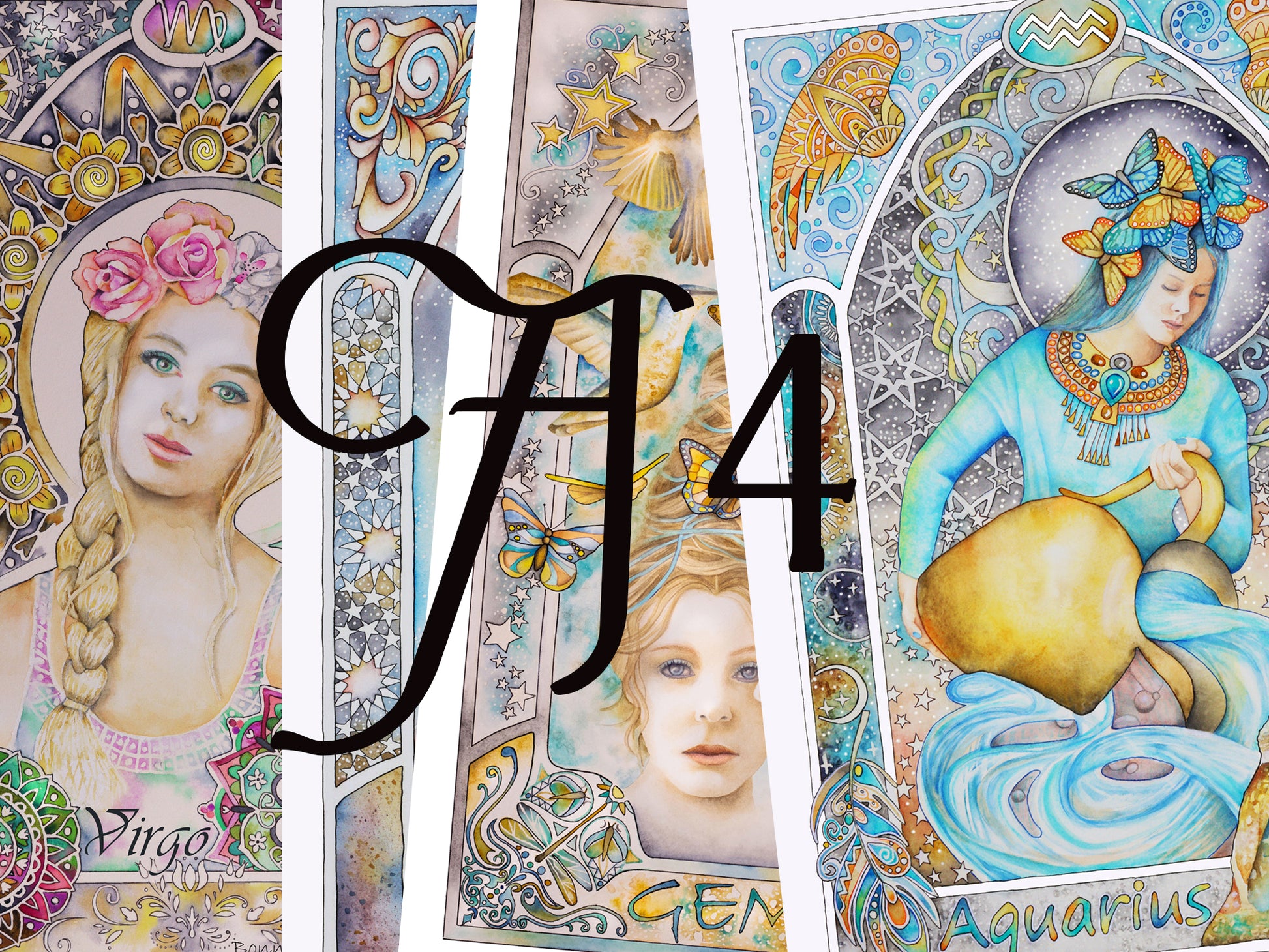 A4 Celestial watercolor wall art prints for sale, Art Nouveau Zodiac Star Sign birthday gifts from our Metaphysical store.