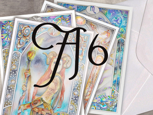 A6 size 12 Star sign Birthday Card set. Zodiac Celestial Art Nouveau watercolor art folded cards pack or mixed option to choose from. 