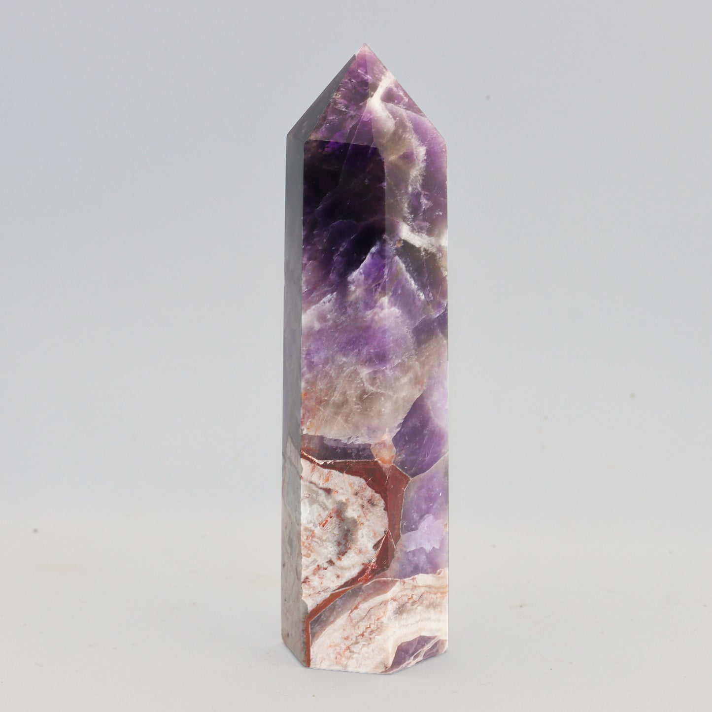 Unusual mixed patterns Amethyst Quartz Crystal Hexagonal Towers Obelisks Wands. Esoteric decor,spiritual gifts from our online new age metaphysical store based in Melbourne Australia.