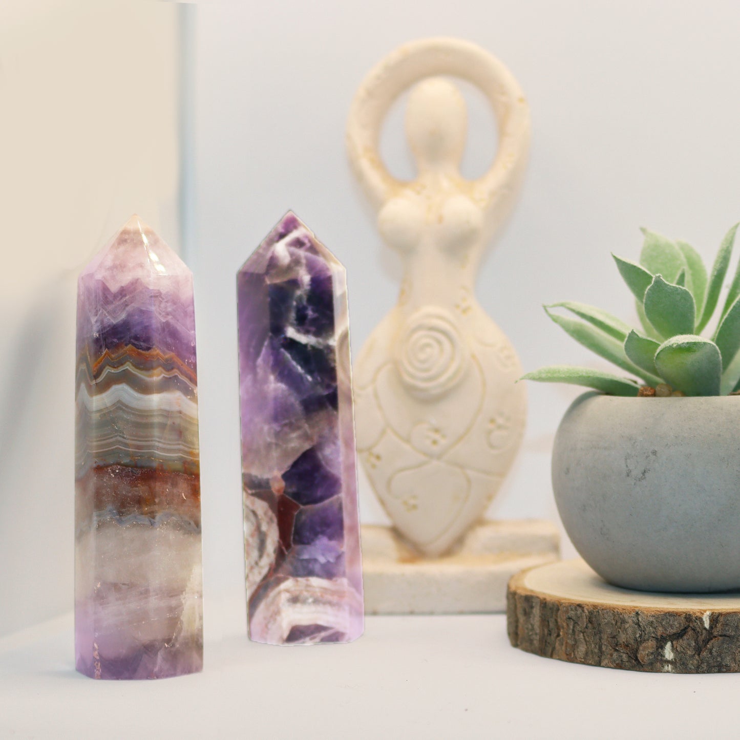 Unique Amethyst Quartz Crystal Hexagonal Towers Obelisks Wands. Esoteric decor,spiritual gifts from our online new age metaphysical store based in Melbourne Australia.