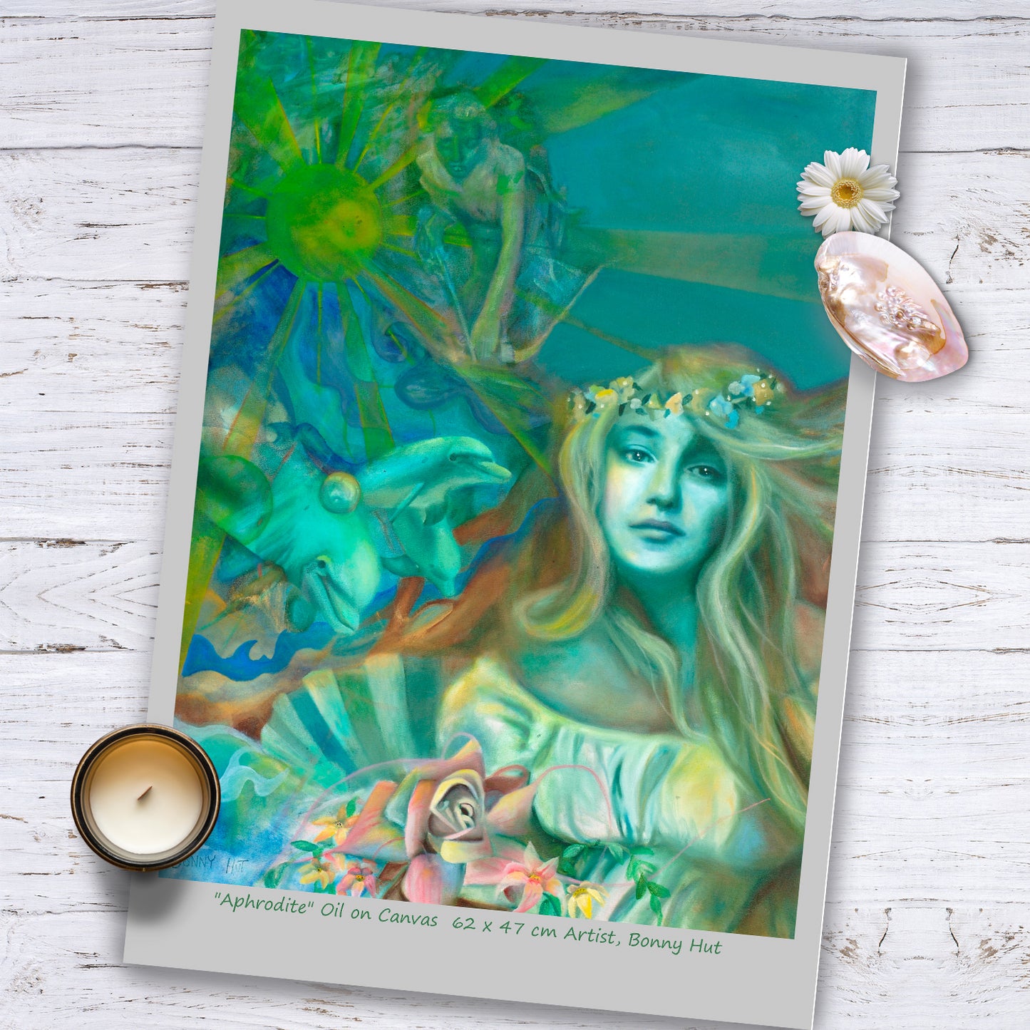 Aphrodite A3 giclee art wall print, Greek Mythology, Spring Goddess of love, Valentines day gift, The birth of Venus on a seashell with her dolphins and her son cupid. Print is reproduced from a hand-painted oil painting in shades of green. 