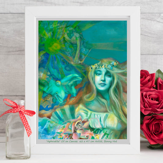 Aphrodite art wall print, Greek Mythology, Spring Goddess of love, Valentines day gift, The birth of Venus on a seashell with her dolphins and her son cupid. Print is reproduced from a hand-painted oil painting in shades of green.