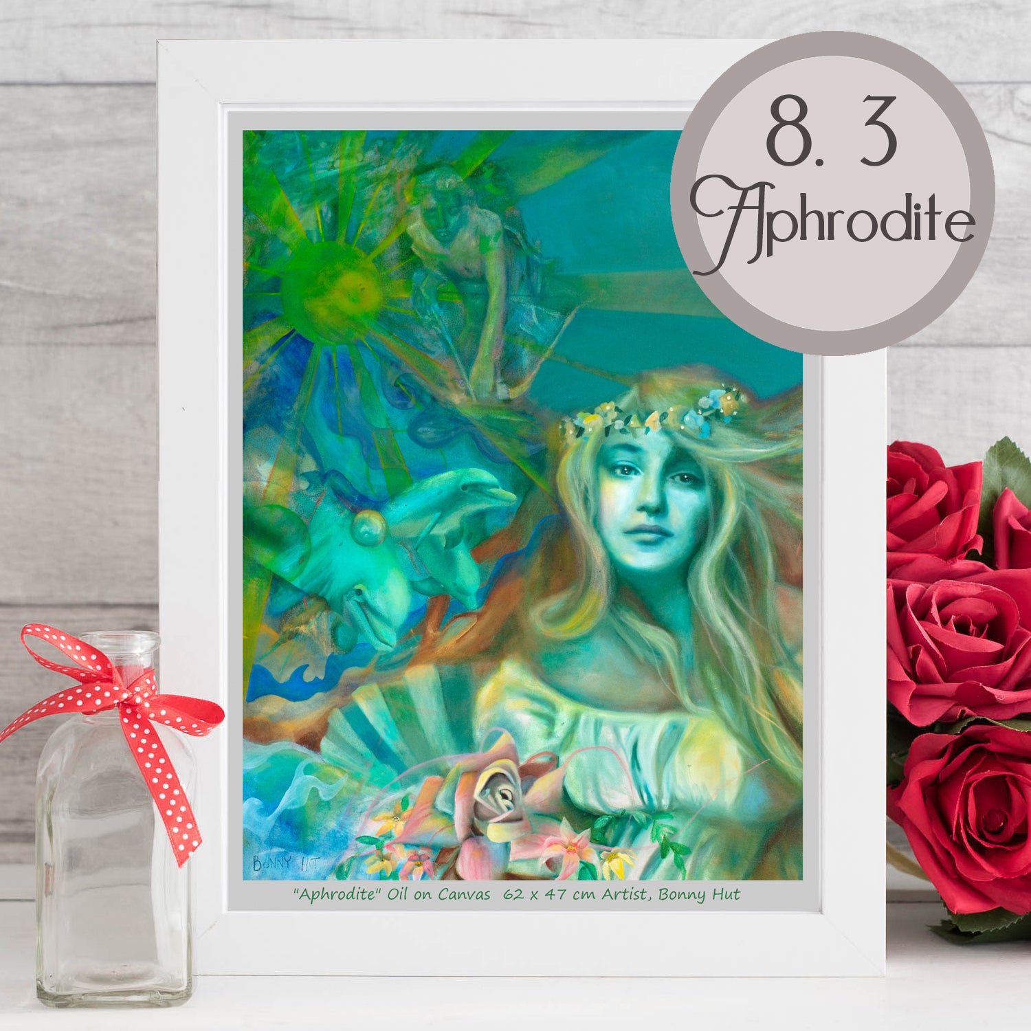 Aphrodite greek mythology valentines day. A3 Spiritual - Pagan Art Prints Bulk quantities. Esoteric decor and witchy gifts. Reproduced from original oil paintings from our online Metaphysical store. Shades of green. 