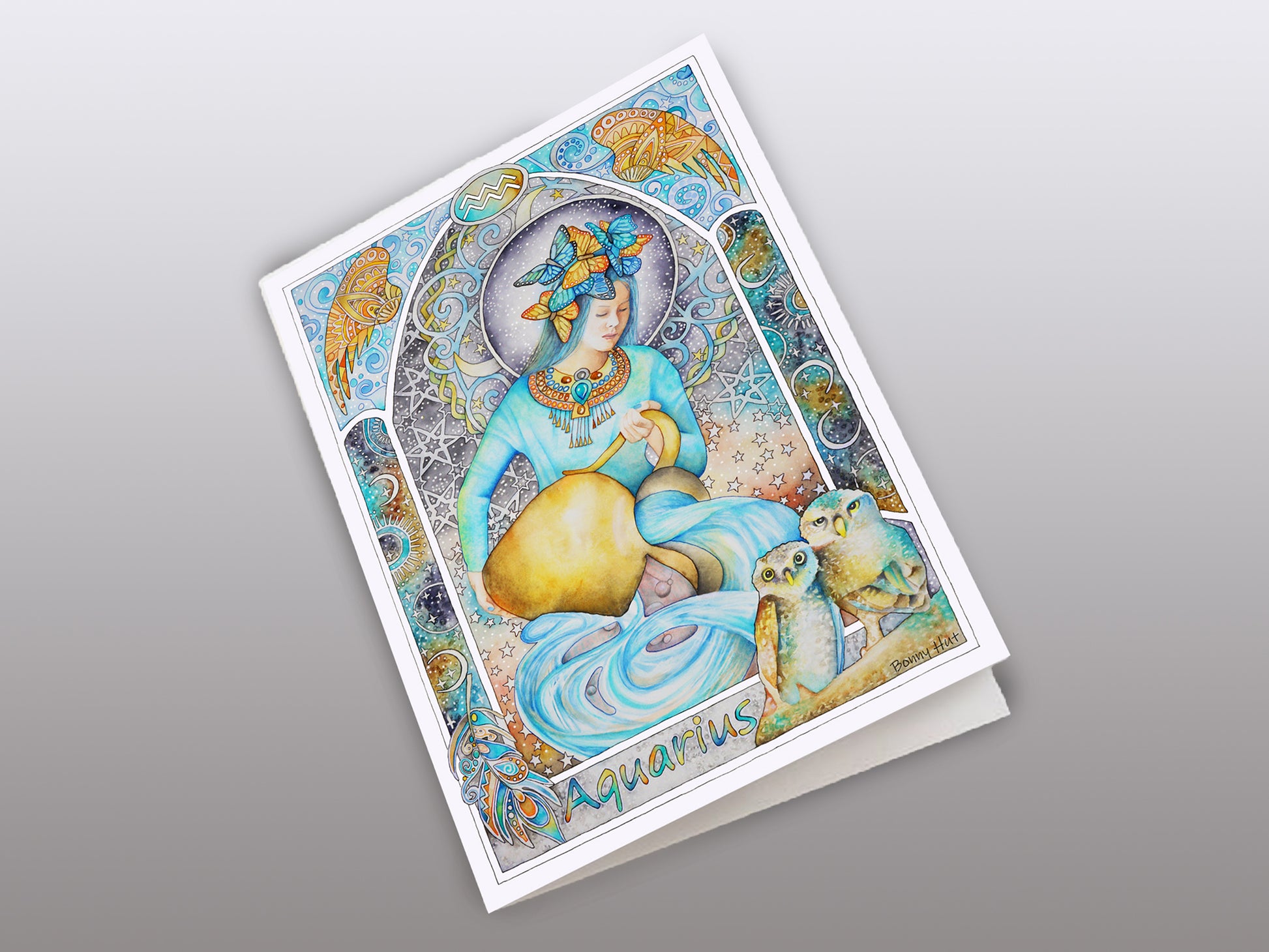 Aquarius Star sign Birthday Card. Zodiac celestial Art Nouveau hand-painted watercolor art folded cards. 