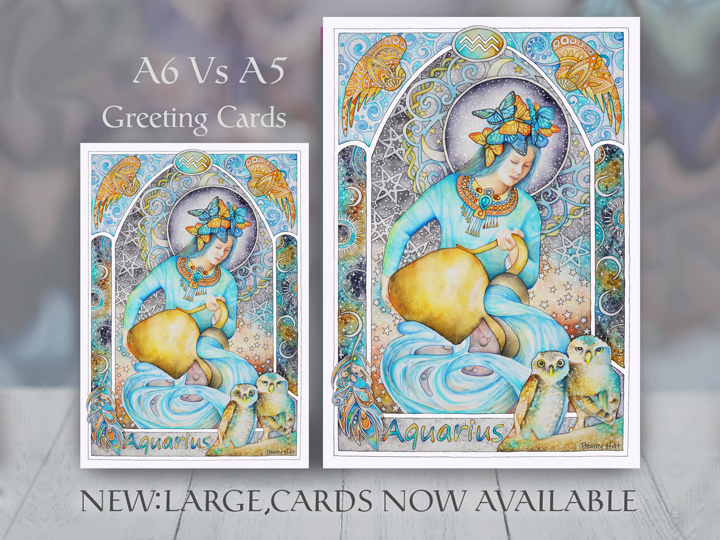 Aquarius Star sign Birthday Card. Zodiac celestial Art Nouveau watercolor art folded cards. A5 and A6 sizes