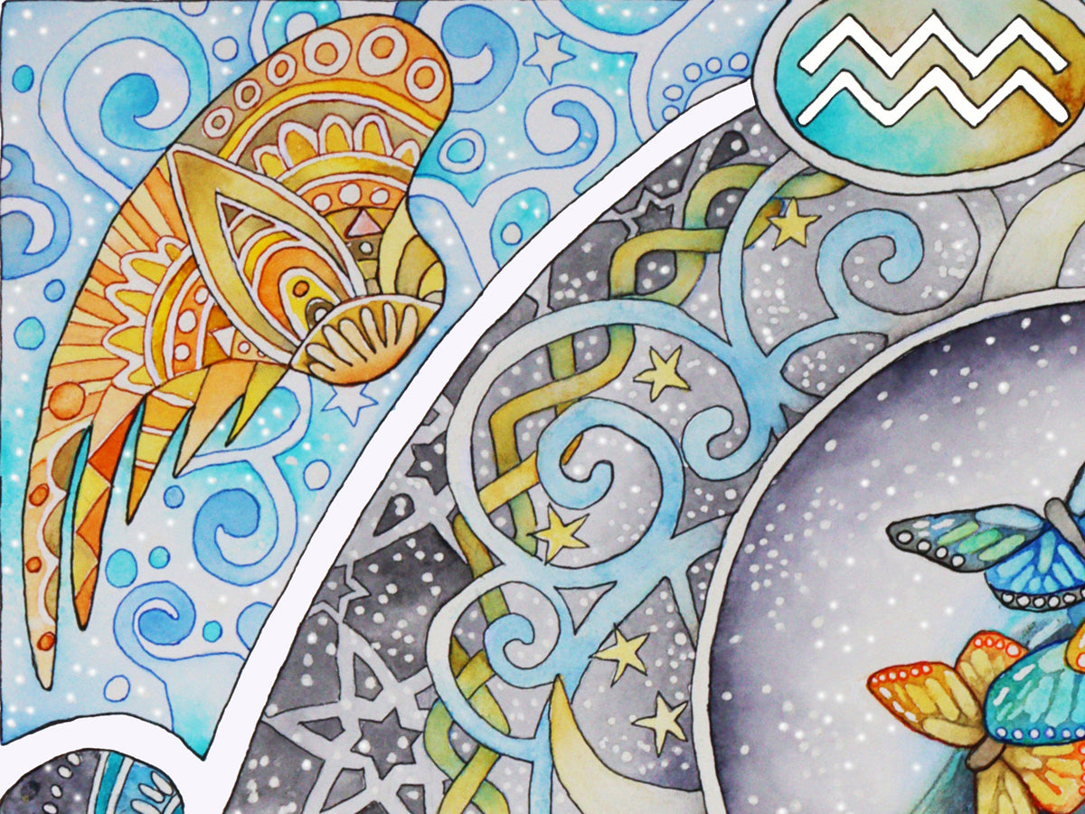 Aquarius Star sign Birthday Card. Zodiac celestial Art Nouveau hand-painted watercolor art folded cards.  Wing detail of the painting. 
