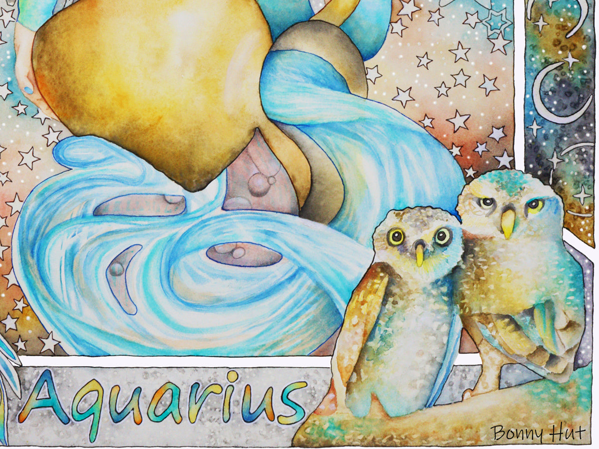 Aquarius Star sign Birthday Card. Zodiac celestial Art Nouveau hand-painted watercolor art folded cards. Owls detail of the paintings. 