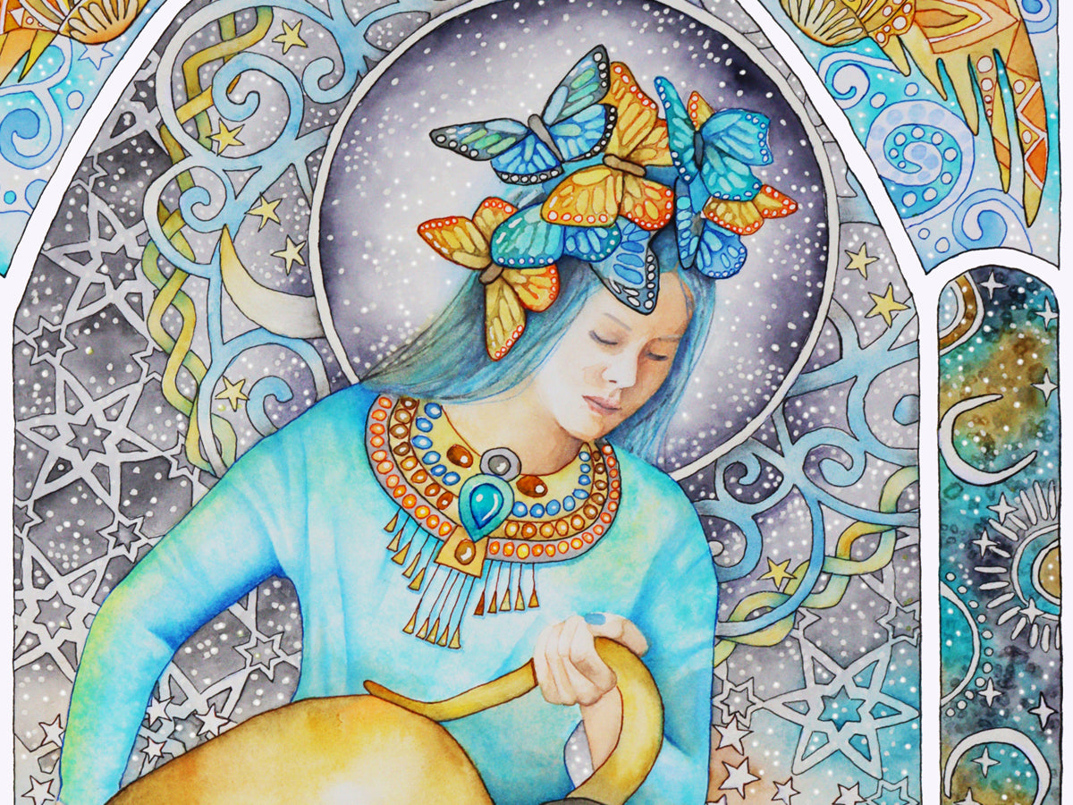 Aquarius Star sign Birthday Card. Zodiac celestial Art Nouveau hand-painted watercolor art folded cards.  Portrait detail of the painting. 