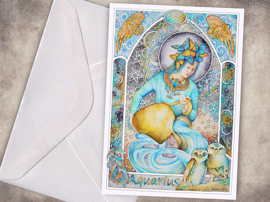 Aquarius Star sign Birthday Card. Zodiac celestial Art Nouveau watercolor art folded cards.