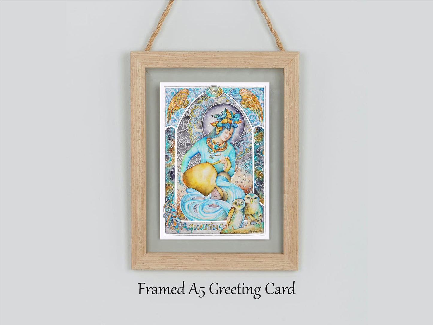 Aquarius Star sign framed Birthday Card. Zodiac celestial Art Nouveau hand-painted watercolor art folded cards. 